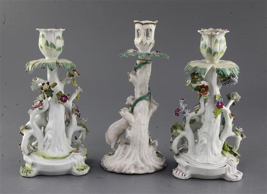 Three early Derby candlestick groups, c.1758-60, 22.5cm and 23.5cm, restoration